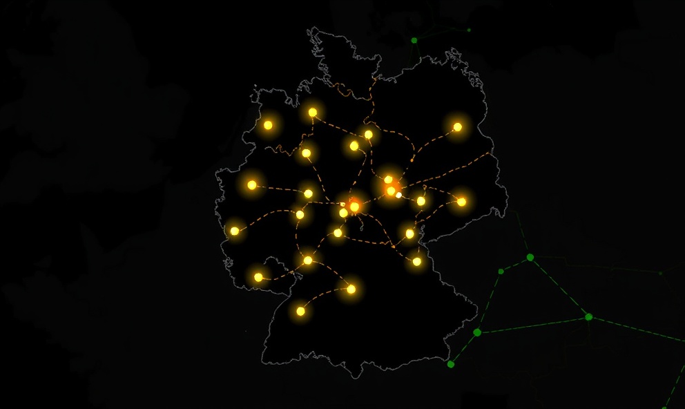 Diagram showing global package registries syncing into a local enterprise data center in Frankfurt, with outbound connections blocked and only internal developer workstations pulling from the mirror